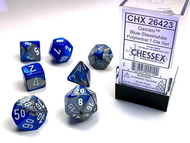 Chessex Polyhedral Dice: Gemini - Blue-Steel with White