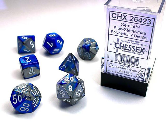 Chessex Polyhedral Dice: Gemini - Blue-Steel with White