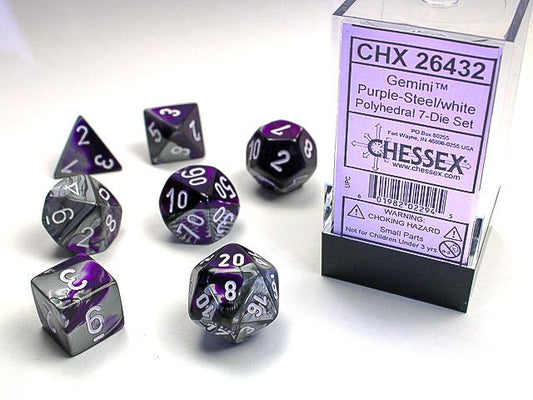 Chessex Polyhedral Dice: Gemini - Purple-Steel with White